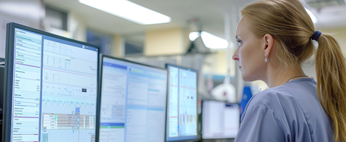 Healthcare provider reviews patient charts on a computer monitor